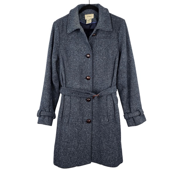 LL Bean Wool Silk Blend Belted Overcoat Dress Coat Herringbone Blue Womens Med - Picture 1 of 10
